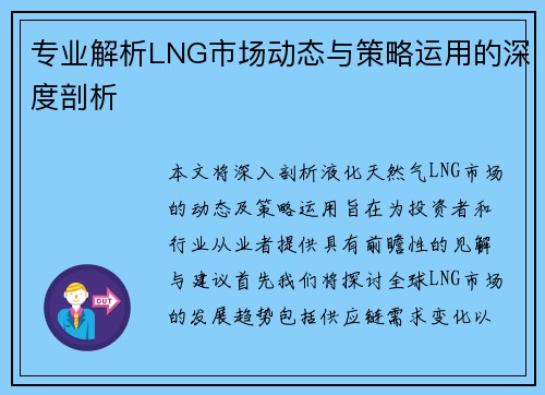 专业解析LNG市场动态与策略运用的深度剖析